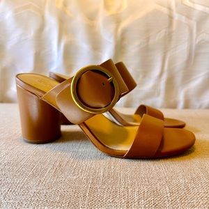 Michael Kors, 3” strappy heeled sandals in camel brown and gold bronze hardware